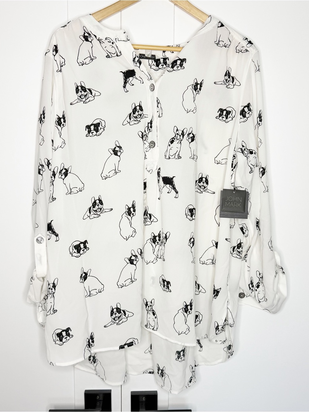 John Mark French Bulldog High Low Tunic top XL black white button down whimsical